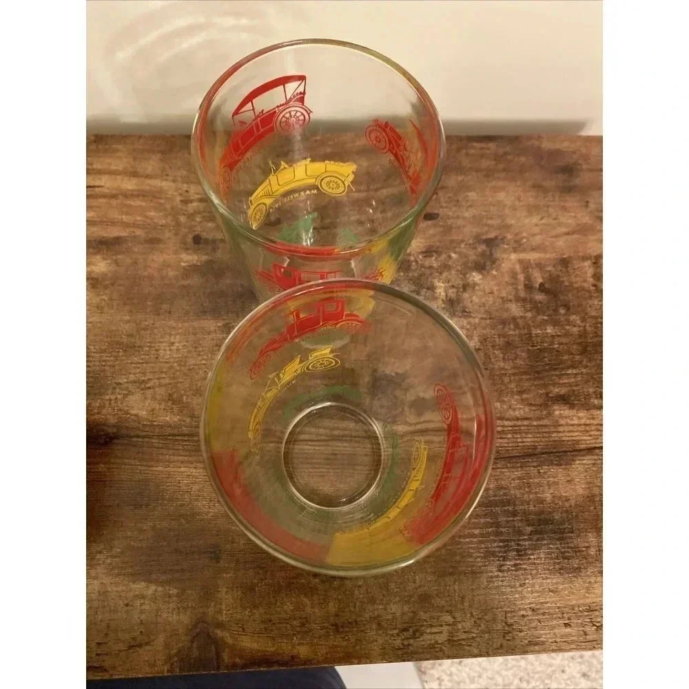 Vintage Red Green Yellow Antique Cars Automobiles Drinking Glass Mid Century Mod